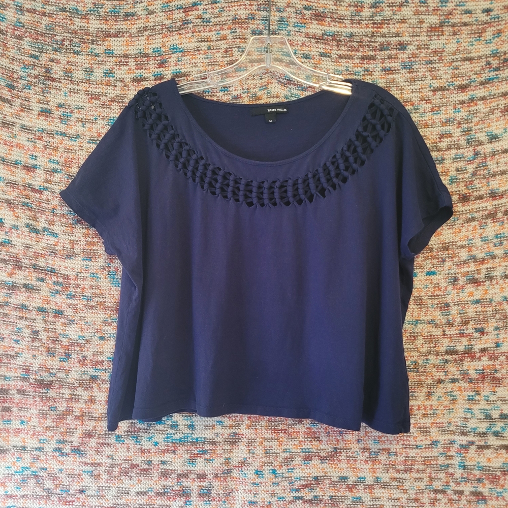 Cropped Navy Blouse with Cutout Collar Detail